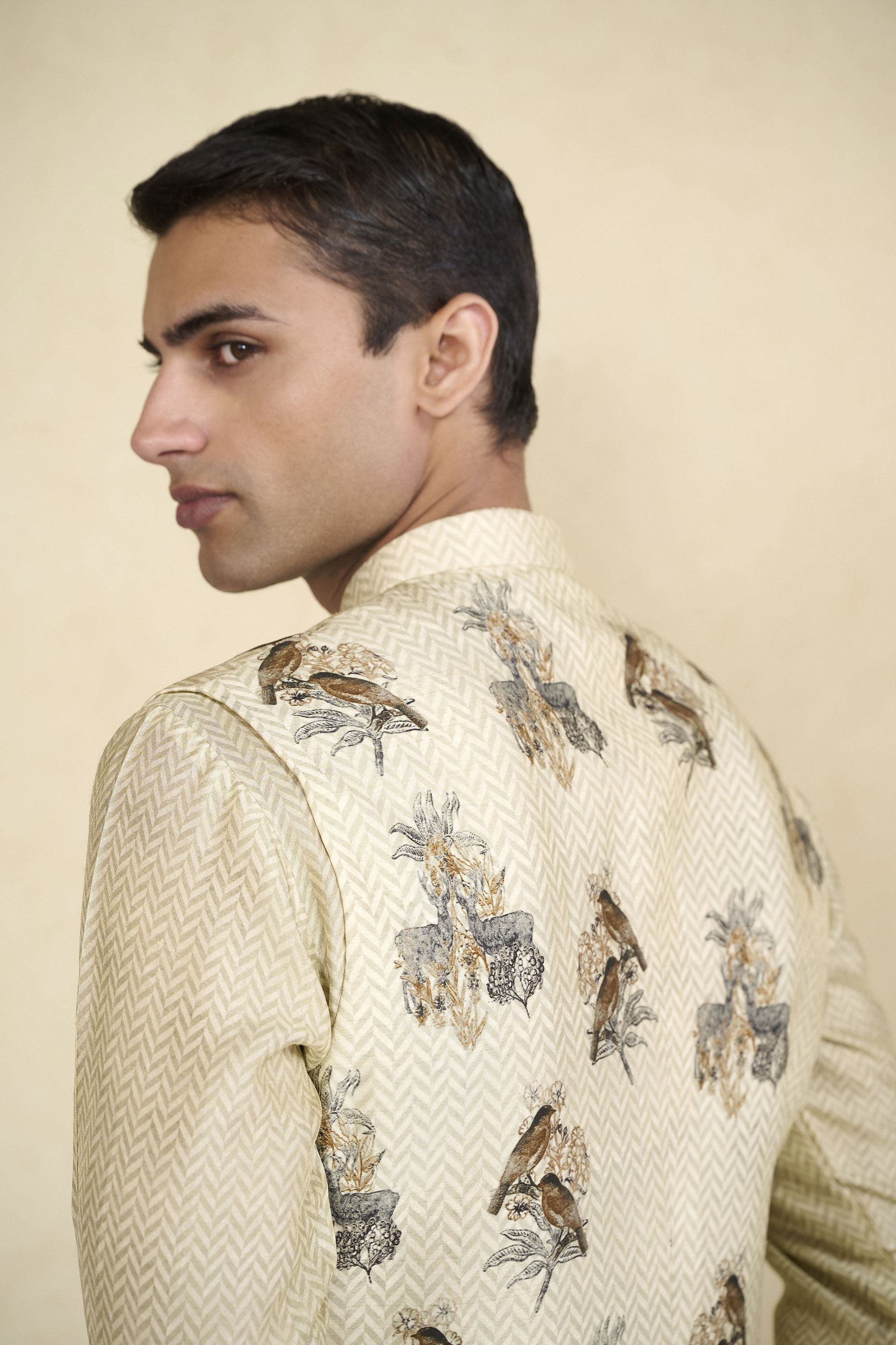 Krushan Printed Silk Nehru Jacket - Beige, Beige, image 6